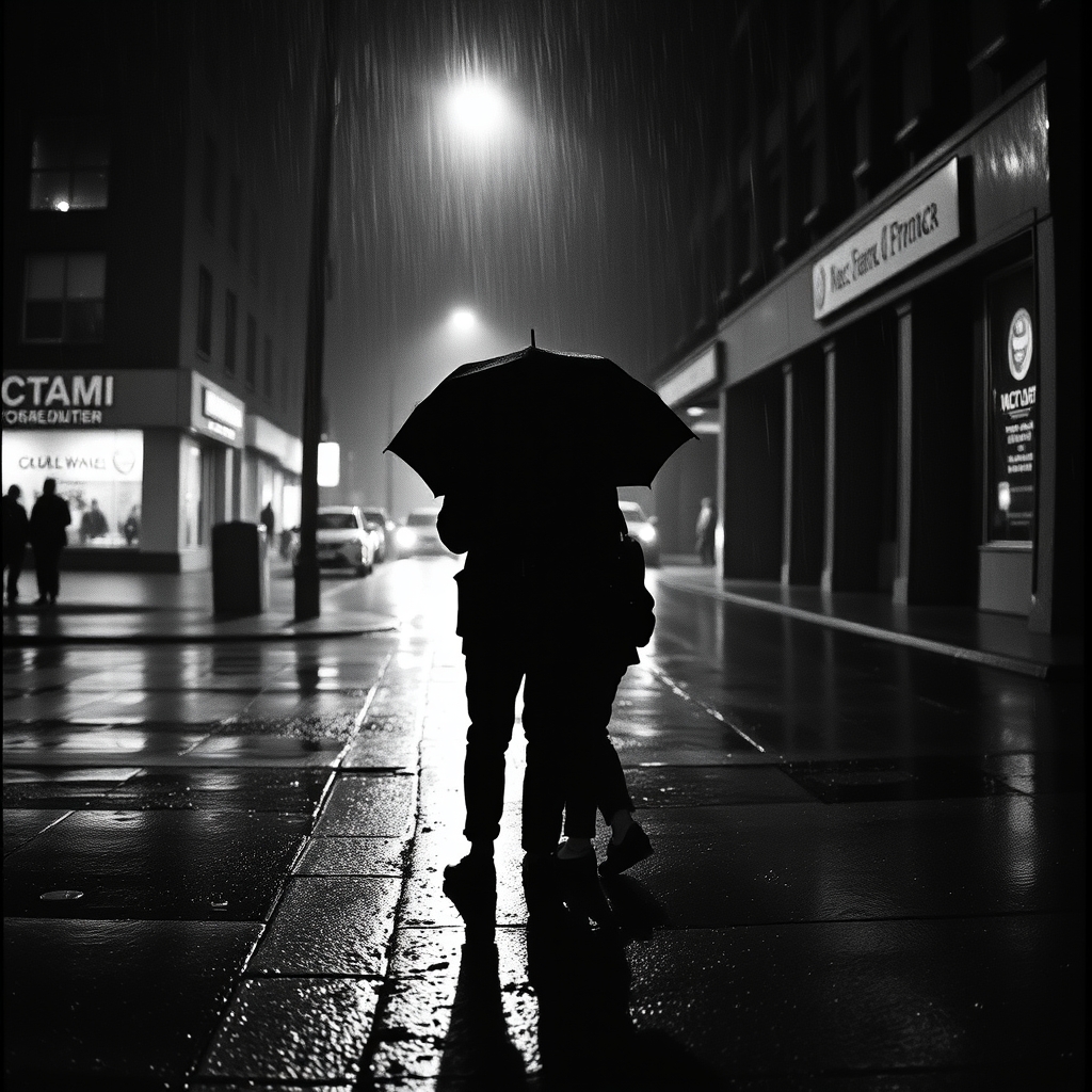 Black and white documentary frame of two figures silhouetted on a rain-soaked street.