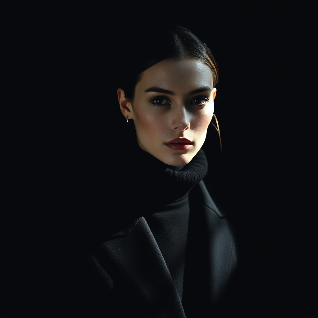 High-contrast editorial portrait in a tailored black coat, lit by a single hard key light against a black background.