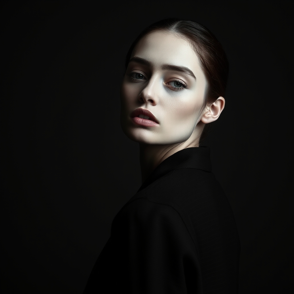 Studio editorial portrait on a charcoal backdrop with a single hard key light.