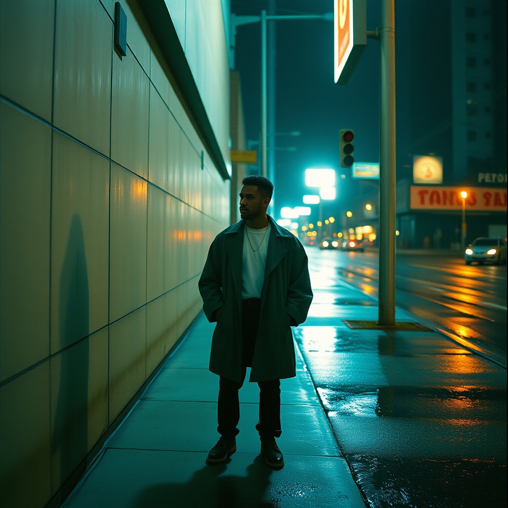 Night street portrait against a wet concrete wall lit by neon spill.